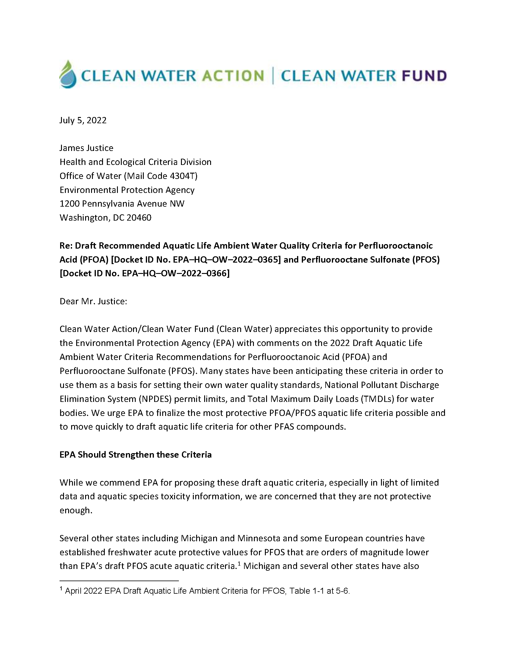 Clean Water Action EPA Comments On PFOA-PFOS Aquatic Life Criteria Page 1