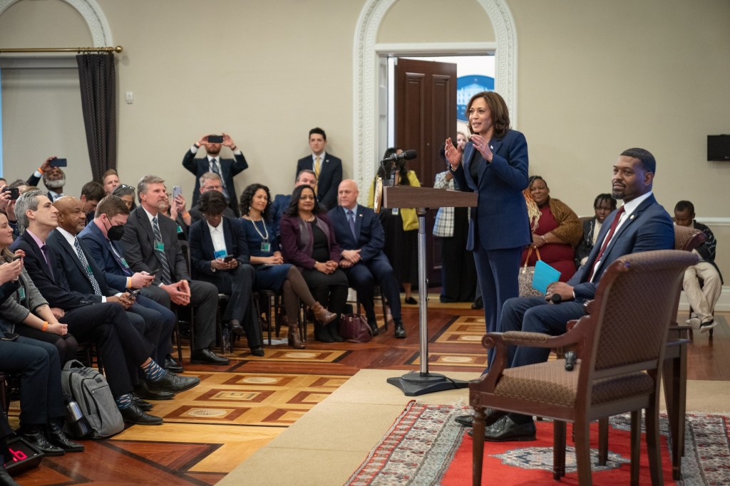 National Accelerating Lead PIpe Replacement Summit. Kamala Harris speaking to attendees at the White House.