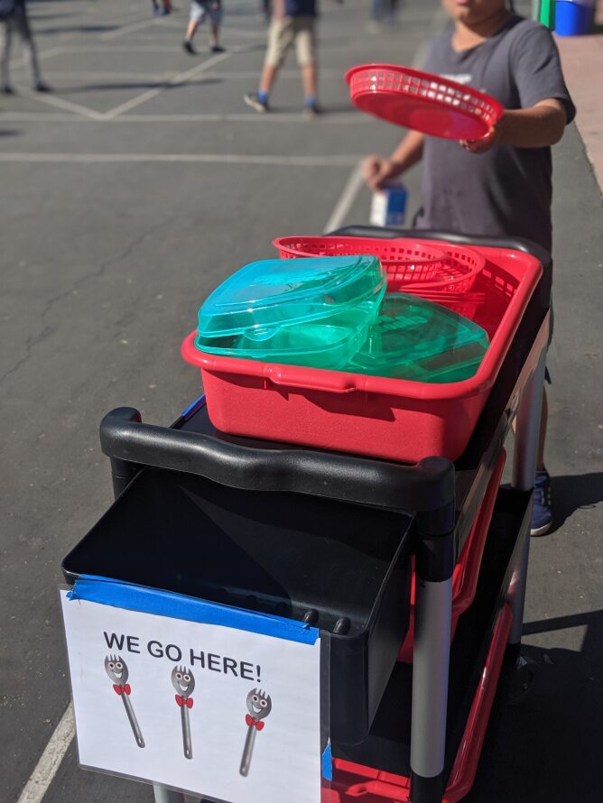 Child putting reusable basket into bin next to sign with cheerful silverware graphic saying "We Go Here!"