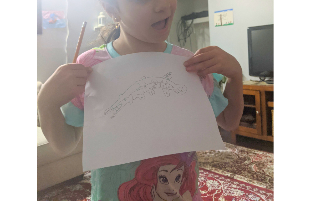 Child holding an excellent drawing of a gar