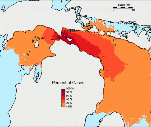 Visualization of an Line 5 oil spill in the Straits of Mackinac. Source University of Michigan 