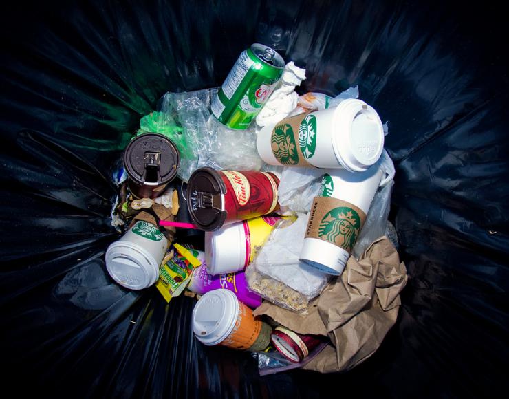 Trash can full of disposable coffee cups