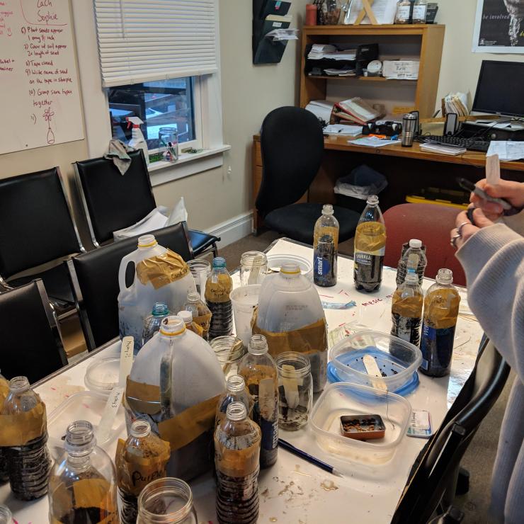 Milk and water containers filled with soil, planted seeds, and taped closed on a table.