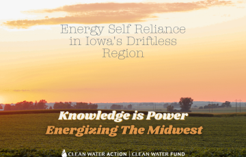 Picture of farm with transmission lines on horizon. "Energy Self Reliance In Iowa's Driftless Region - Knowledge is Power - Energizing The Midwest"