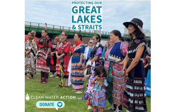 Indigenous women protest next to the Straits of Mackinac and Line 5