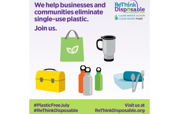 Graphic that says We help businesses eliminate single-use plastic - join us. ReThink Disposable