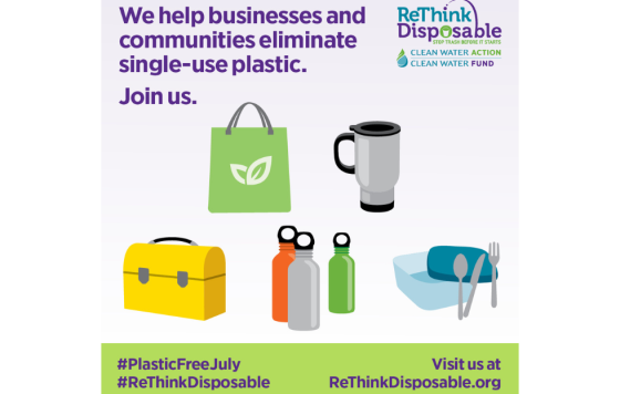 Graphic that says We help businesses eliminate single-use plastic - join us. ReThink Disposable