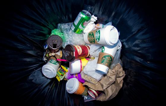 Trash can full of disposable coffee cups